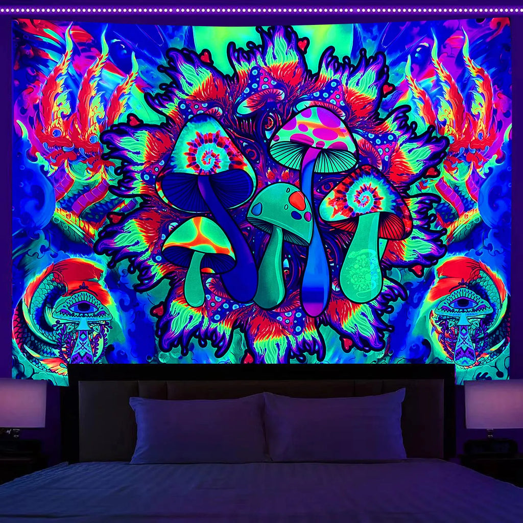Fluorescent Tree of Life mushroom print polyester tapestry wall hanging in picture colour