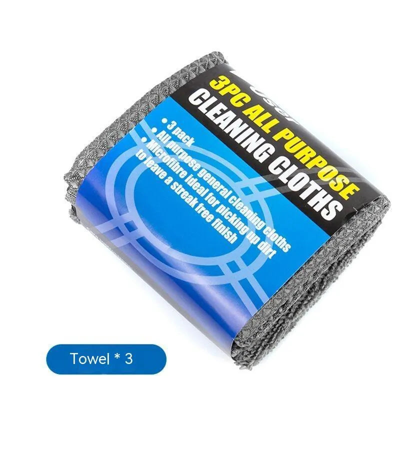 Grey microfiber 9-piece car wash cleaning set showing glove, sponge, tyre brush, waxing wipes and towels.