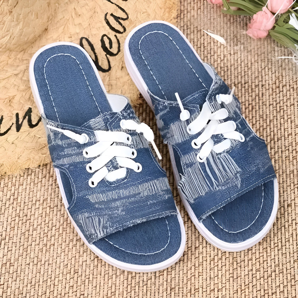 Blue women's flat canvas slippers with cloth upper and rubber sole in roman style