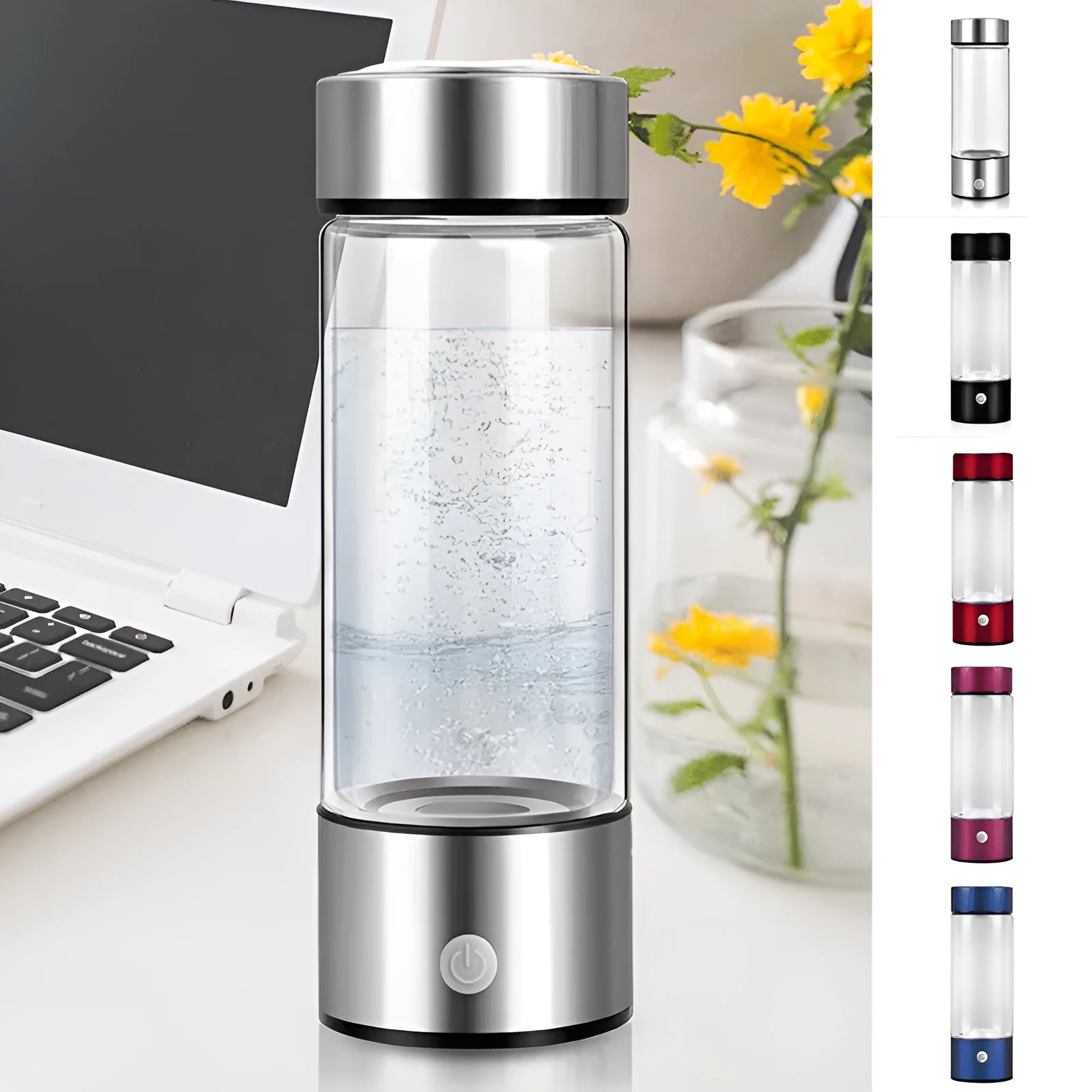 Silver hydrogen water bottle with borosilicate glass construction and electric hydrogen generator