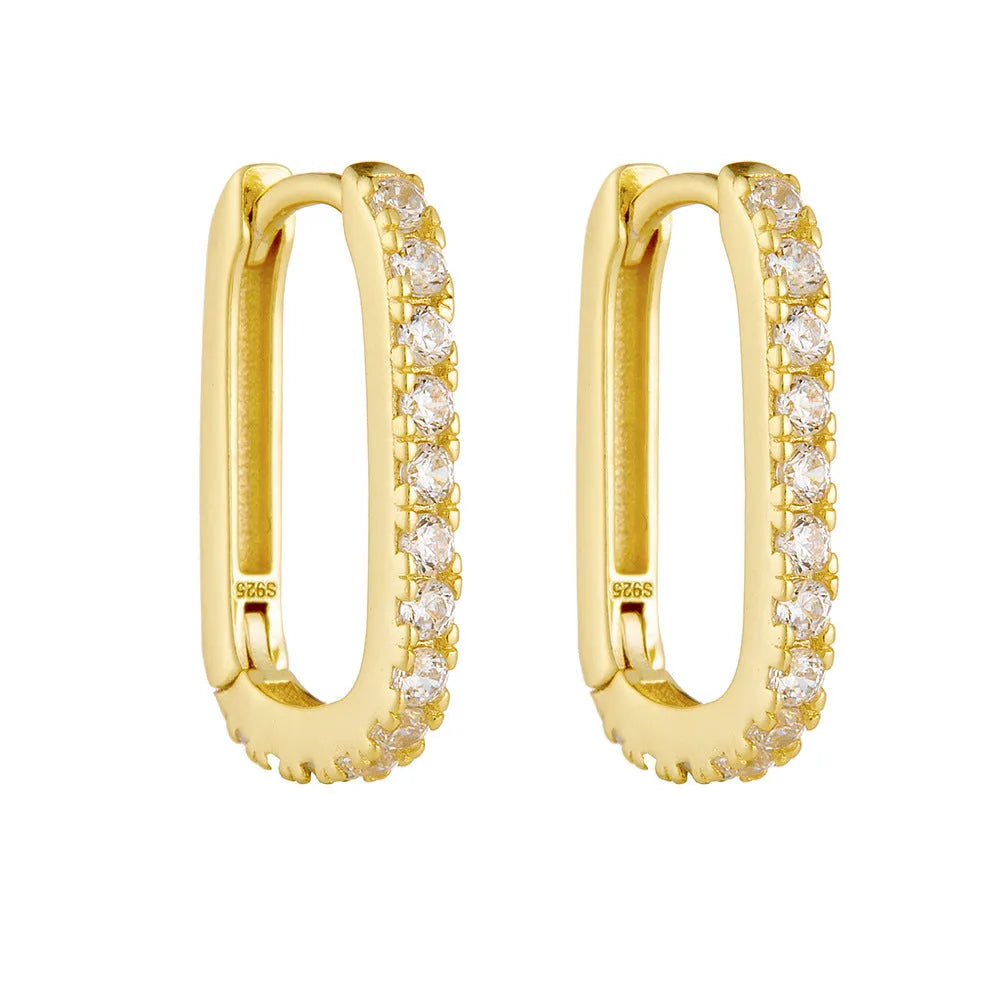 S925 sterling silver oval zircon earrings with geometric quadrilateral design in ear clip style