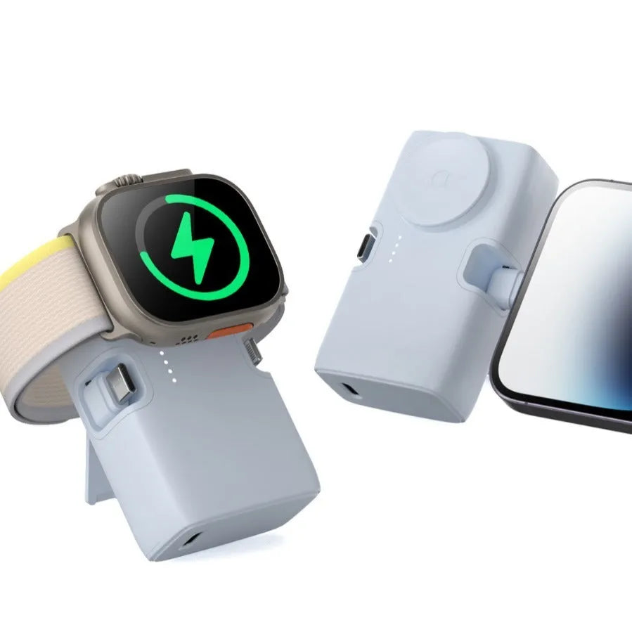Compact white plastic wireless power bank showing front view with dimensions