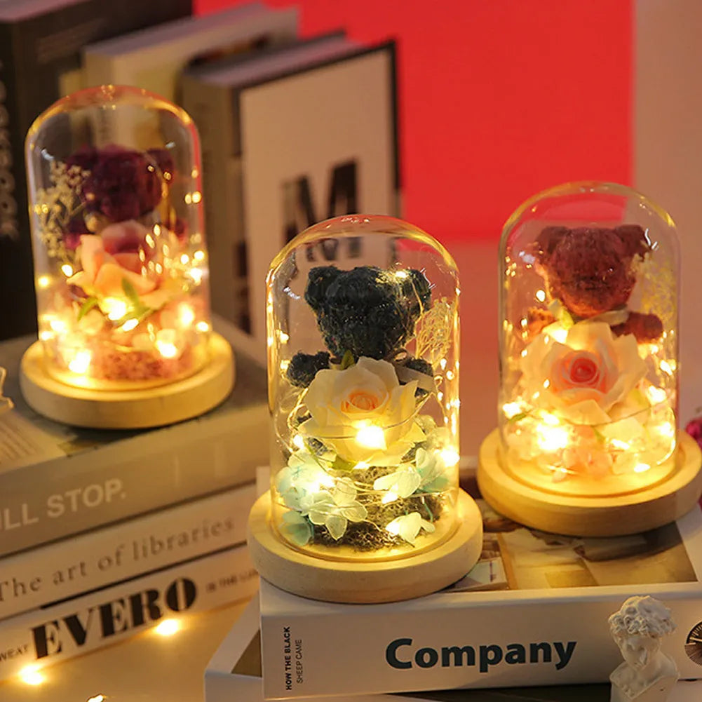 Preserved rose teddy bear ornament in glass dome with LED light, 11.5cm diameter and 16.8cm height