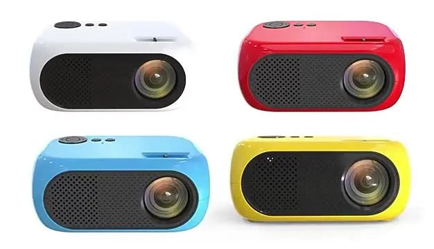 M24 micro mini portable LED projector in gold or white colour with power adapter and cables.