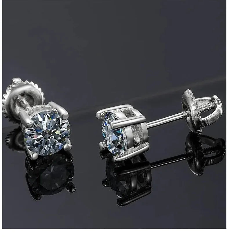 Sterling silver moissanite stud earrings with geometric stones and screw fastening backs