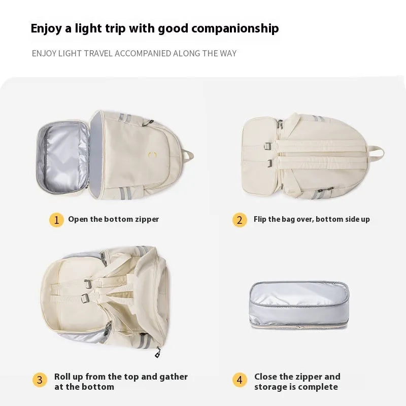 Beige unisex travel backpack with curved shoulder straps showing dry wet separation compartment.