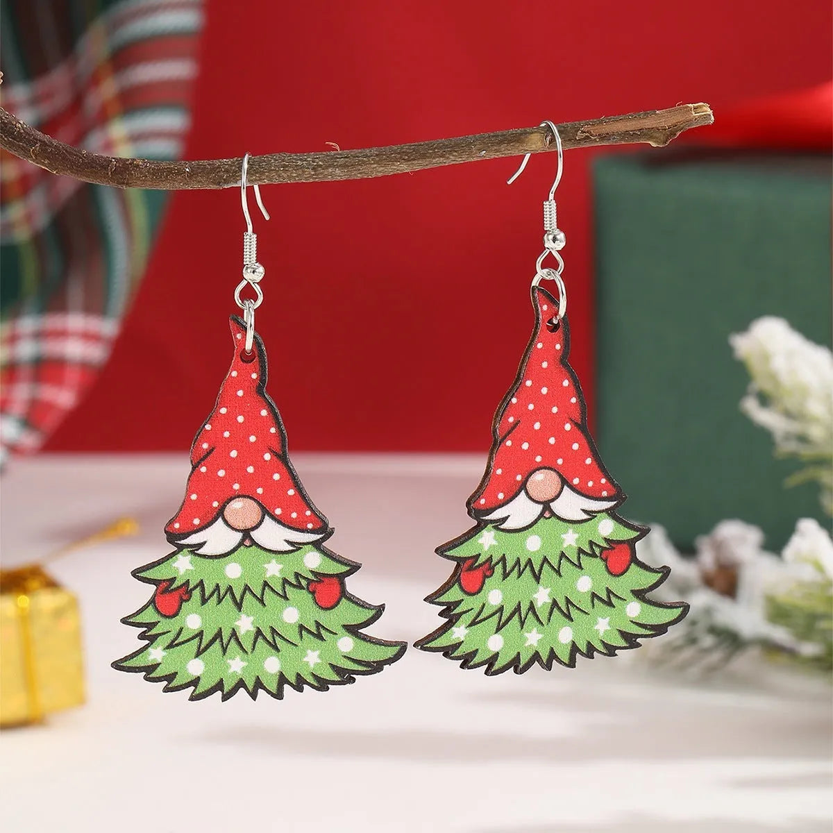 Wooden Christmas earrings with printed tree and snowman geometric designs