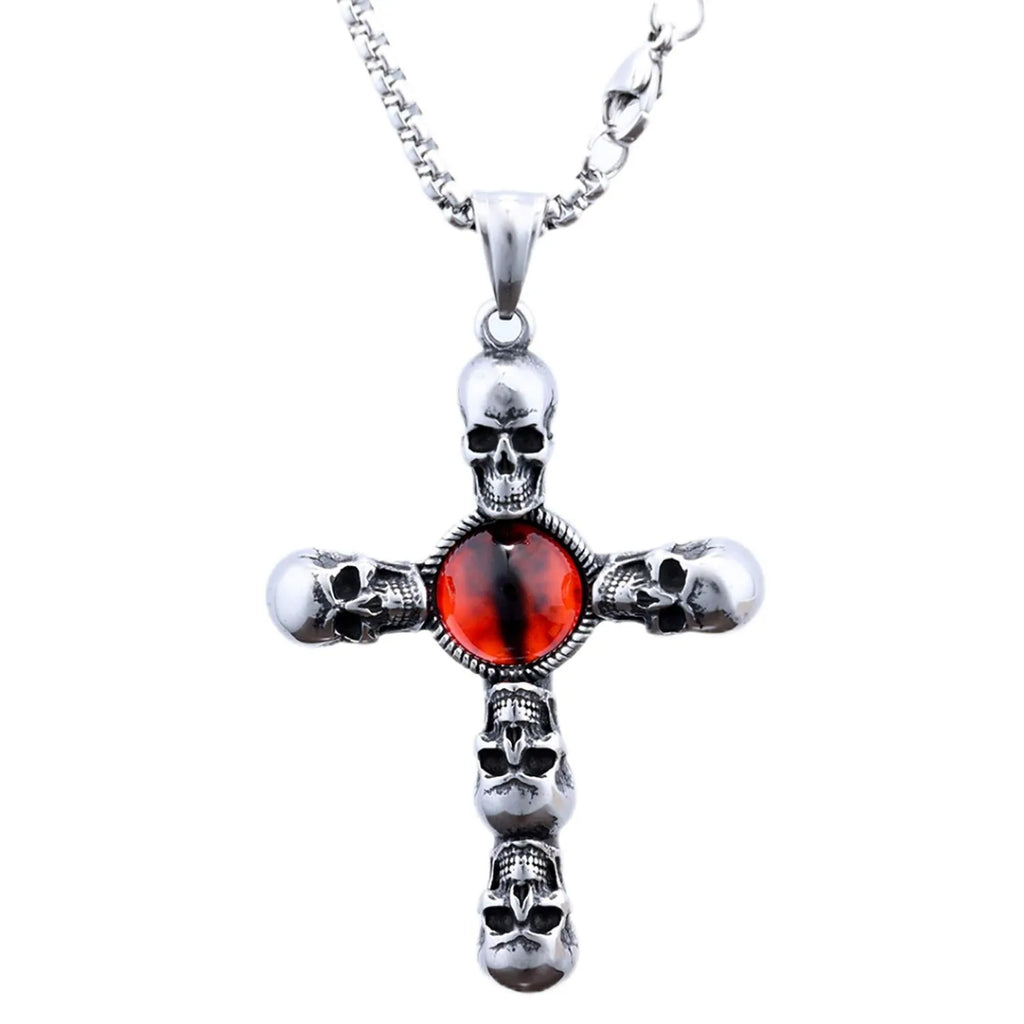 Stainless steel skull red eye cross polished pendant necklace with 60cm square pearl style chain