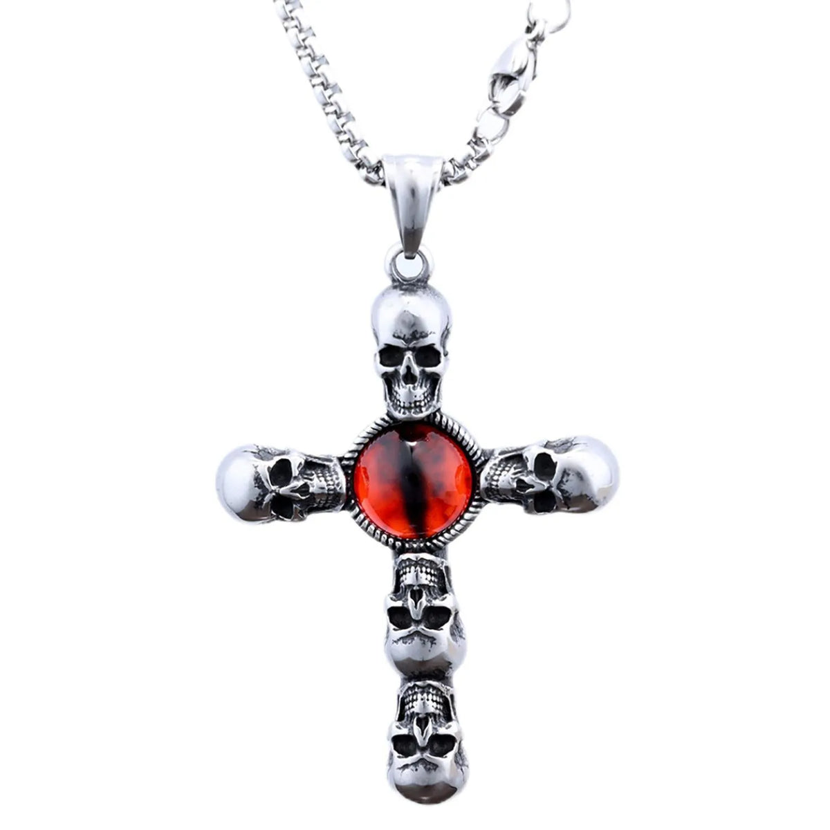 Stainless steel skull red eye cross polished pendant necklace with 60cm square pearl style chain