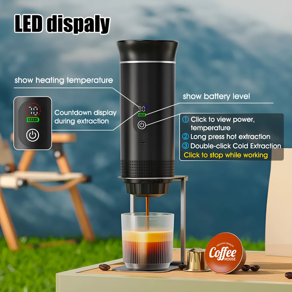Black portable capsule coffee machine for electric car travel with LCD display and compact 80ml water tank