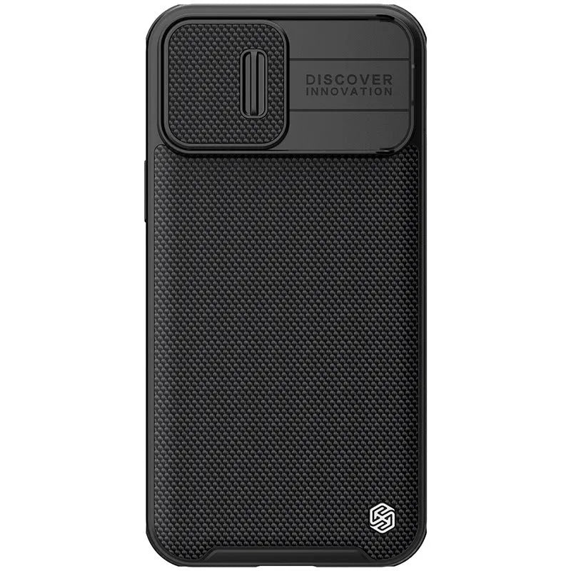 Black textured sliding back cover phone case for iPhone 13 Pro Max with PC and TPU construction