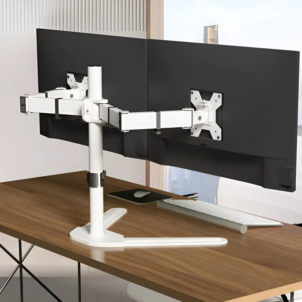 Dual-screen display riser base bracket with horizontal and vertical rotation, cold rolled steel construction, black base