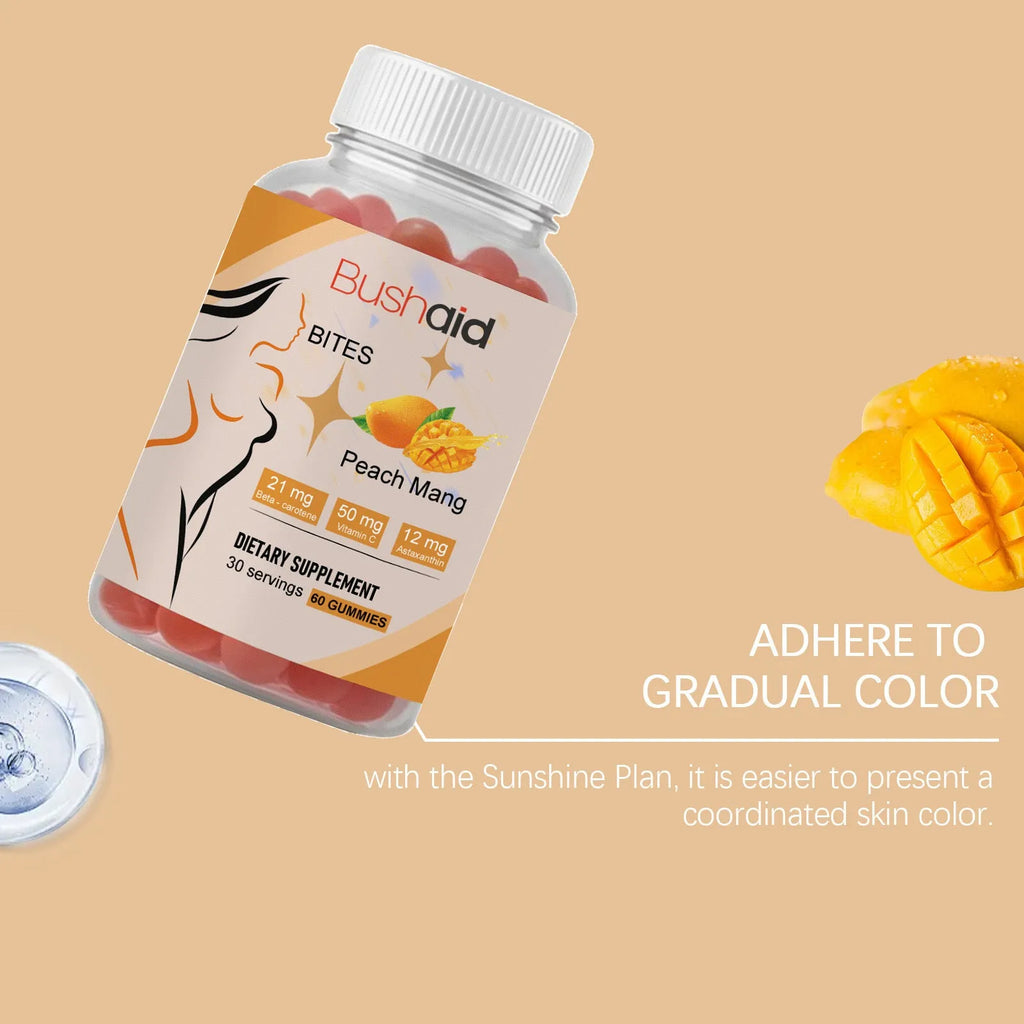 BUSHAID Tanning Gummy Candies container showing 60 soft candies with astaxanthin and vitamin D3