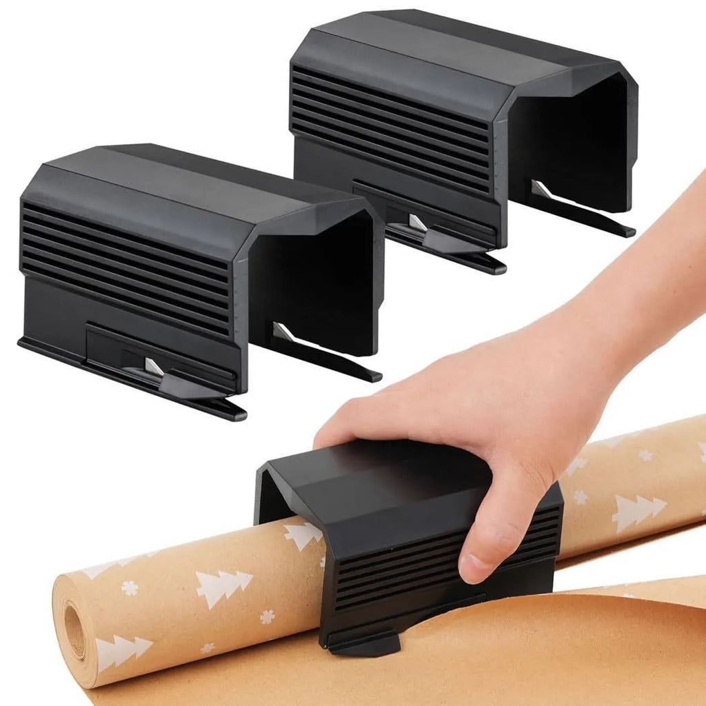 Plastic paper cutter for roll paper and packaging in black, red, or green colours