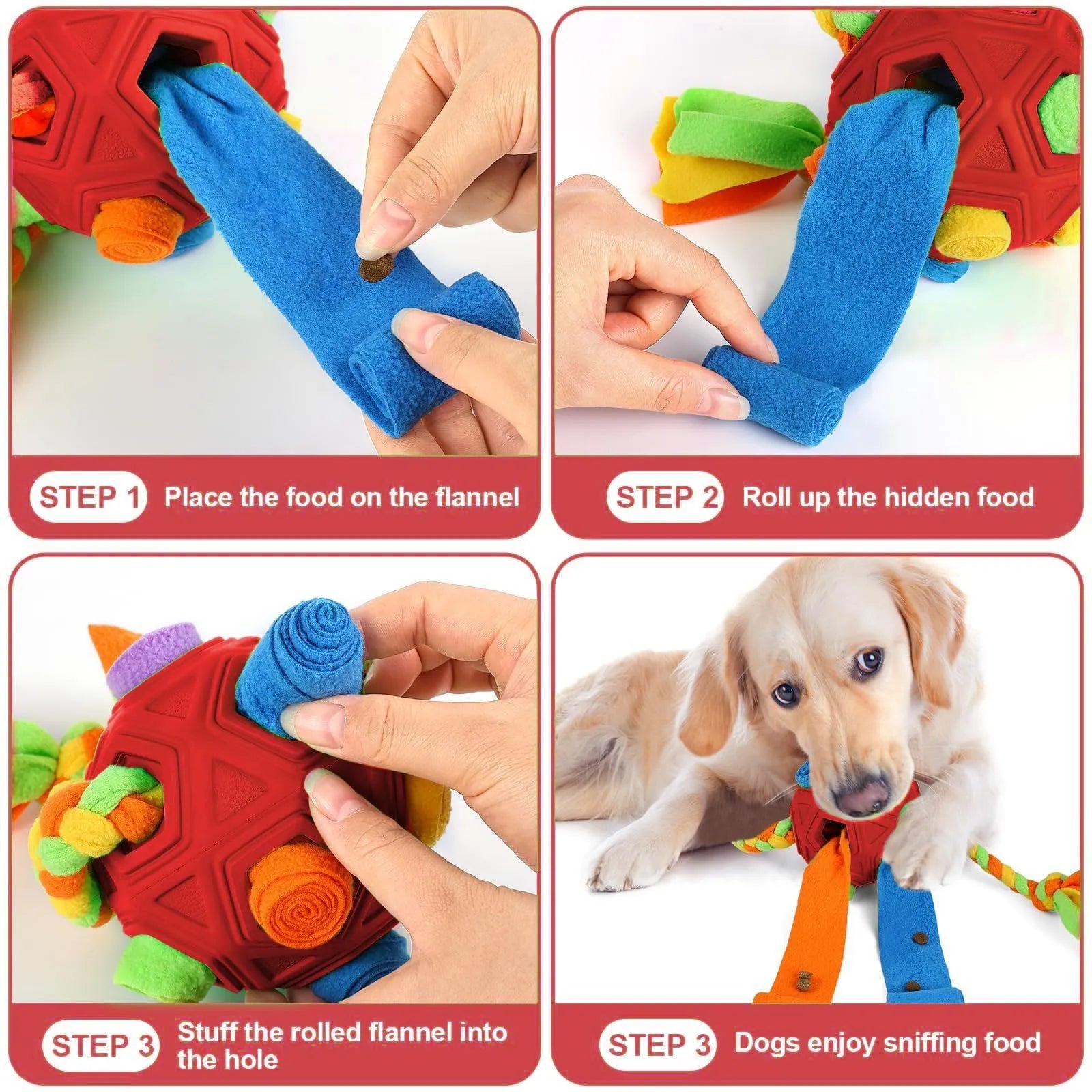 Dog puzzle sniffing ball training toy in multiple colour options on white background