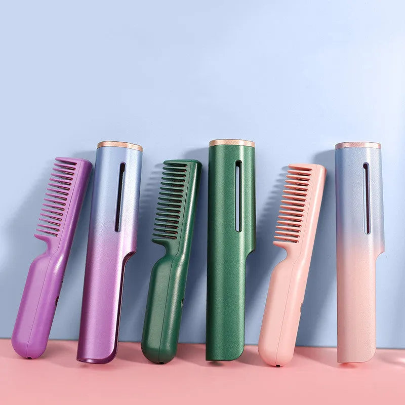 Wireless USB hair straightening comb with tourmaline ceramic heating in 3D gradient green finish