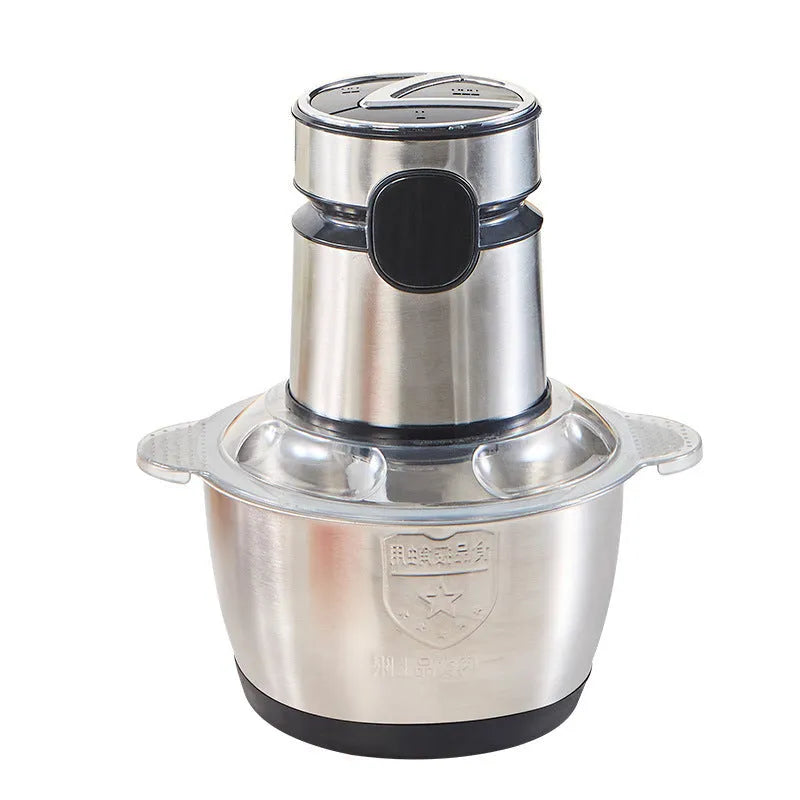 Electric meat grinder with stainless steel body and 3 L glass bowl, button digital display or touch screen