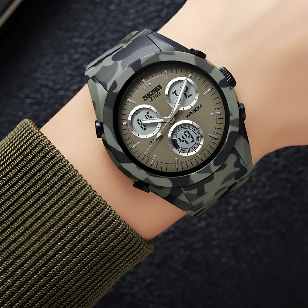 Digital watch with camouflage strap and resin lens showing time on display.