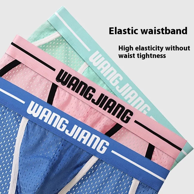 Men's ice silk mesh breathable triangle underwear in black, shown in a briefs style
