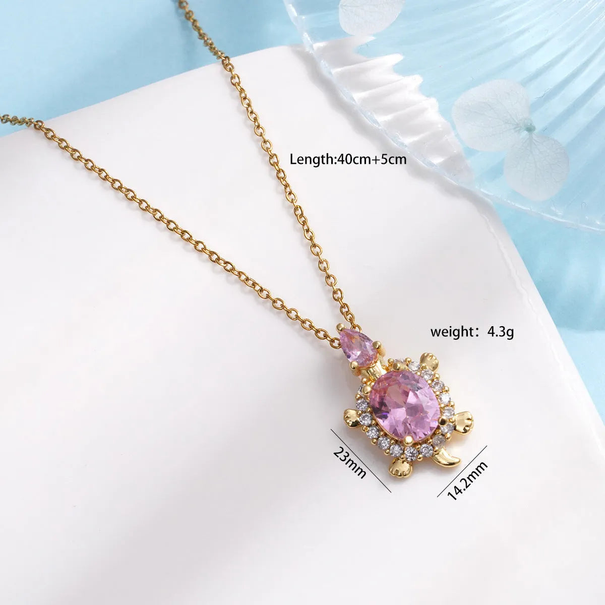 Gold-plated copper sea turtle necklace with zirconium accents and mixed gemstone inlay, O-link chain, light luxury style for women