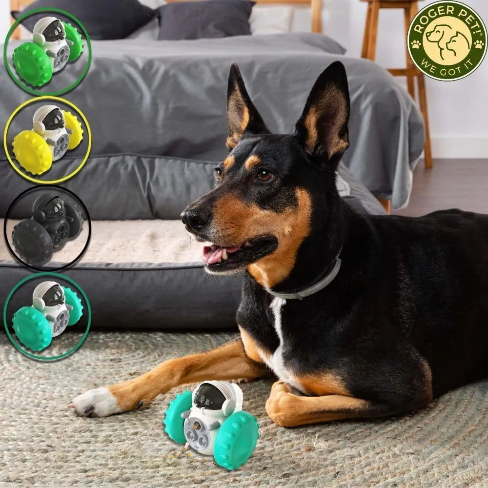 Self-balancing tumbler puzzle toy for small dogs with robot appearance and slow feeder design
