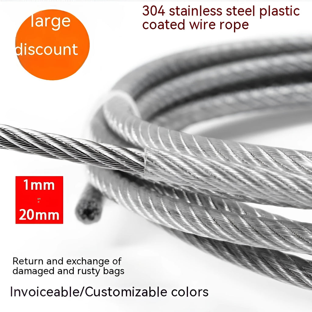 Close-up of a multi-strand 304 stainless steel anti-theft security cable coiled on a dark surface.