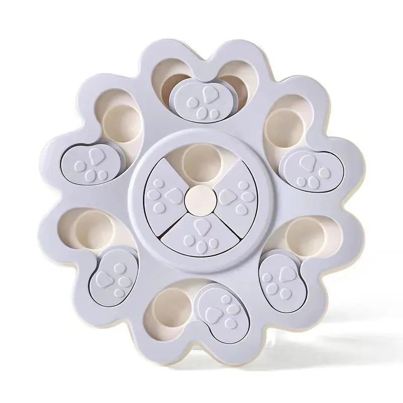 Flower-shaped blue dog puzzle slow bowl with multiple feeding compartments