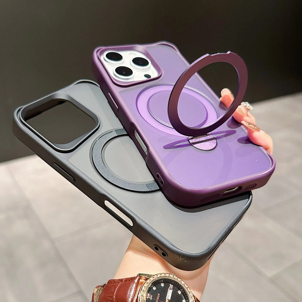 iPhone 16 Pro case with 360 rotating bracket and magnetic suction, frosted TPU PC, shown in purple colour option