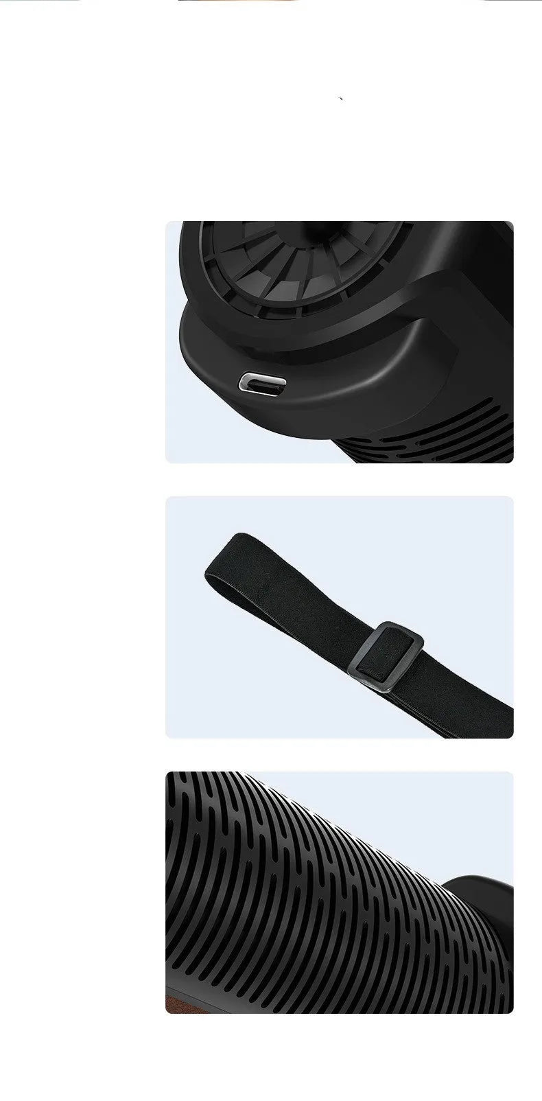 Ventilated bladeless car mounted fan in black with USB power cord and three-speed adjustment buttons