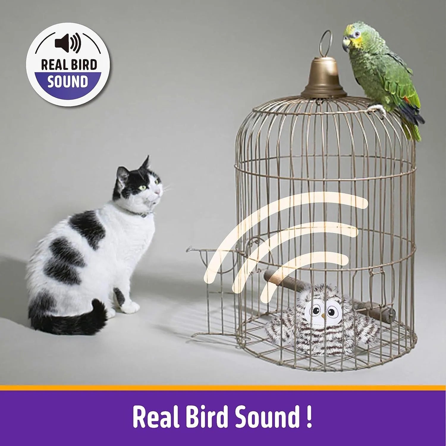 Grey automatic chirping owl cat toy with flapping wings on flat surface