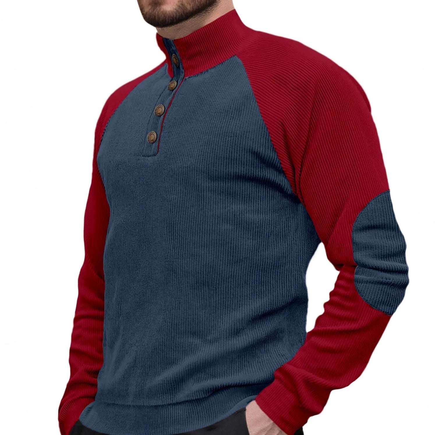 Men's raglan sleeve striped stand collar loose fit sweater in Navy/Burgundy colour