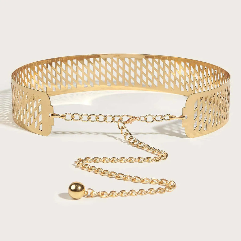 Gold iron waist belt with alloy buckle showing hook fastening and thick 4.5cm width