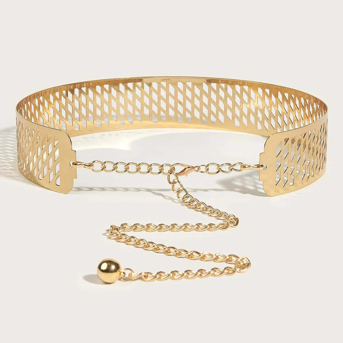 Gold iron waist belt with alloy buckle showing hook fastening and thick 4.5cm width