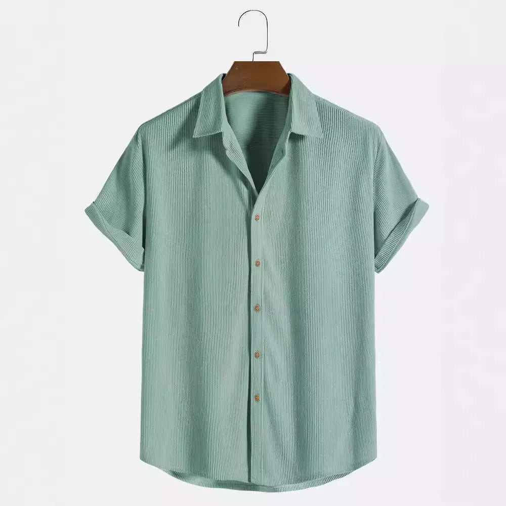 Men's casual short-sleeved polyester cardigan shirt shown in multiple colours and sizes.