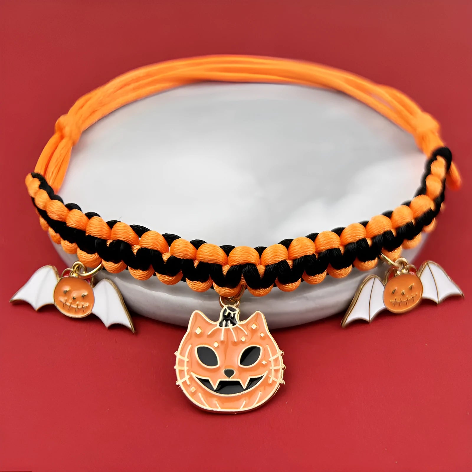 Halloween hand-woven pet collar decoration with geometric pattern and zinc alloy buckle for collars 15-38cm