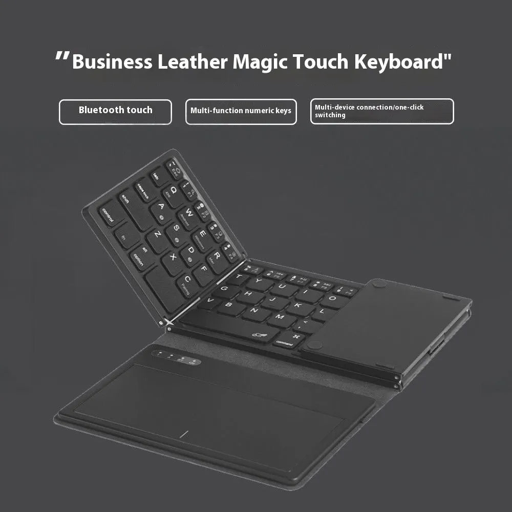 Black B055 Bluetooth folding keyboard with large touchpad and Type-C, folded and unfolded views