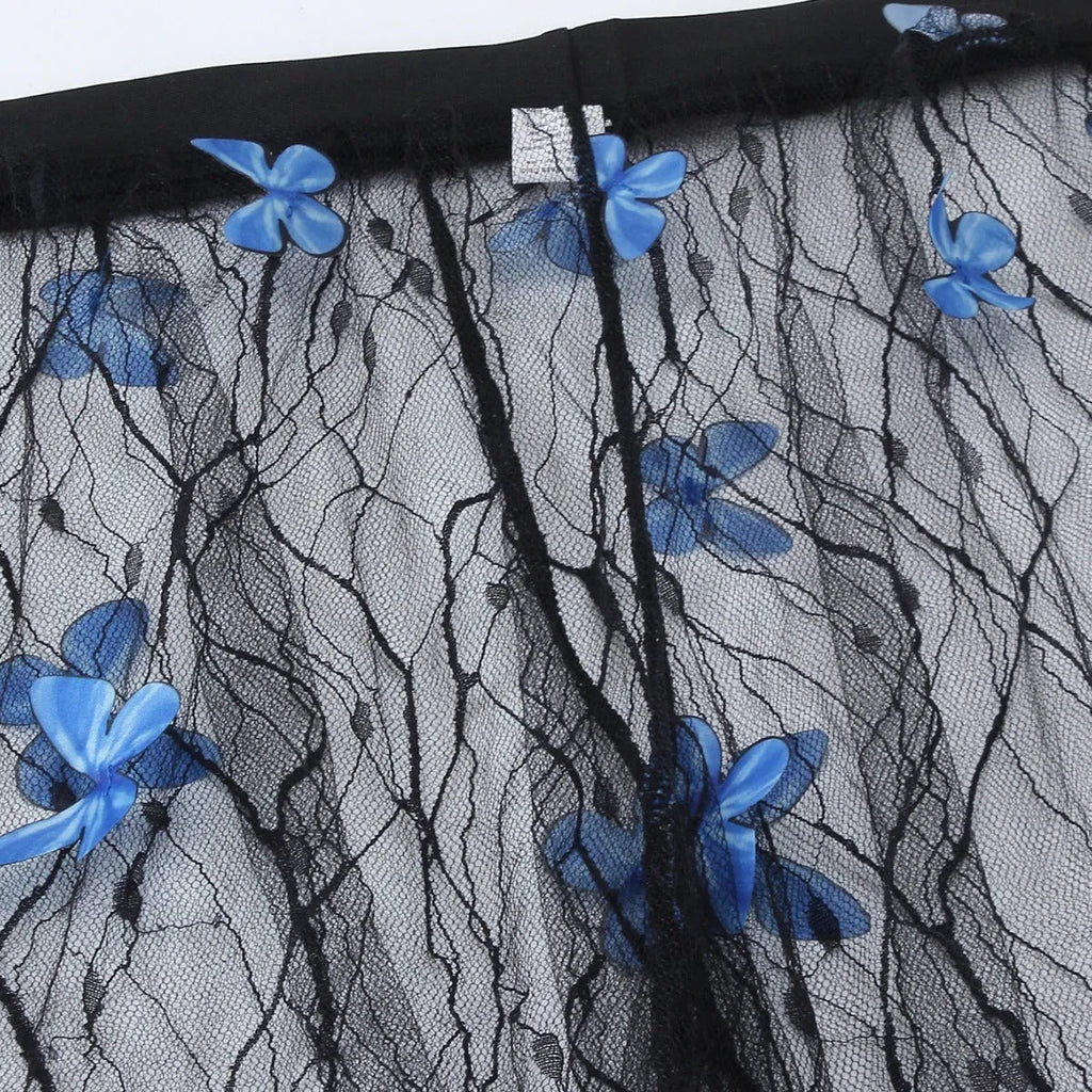 Black women's bikini three-piece set with butterfly print on transparent voile fabric