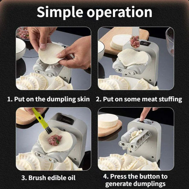 White automatic electric dumpling maker machine with USB charging cable on a kitchen counter