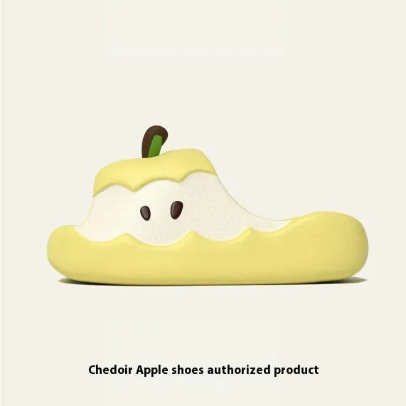 Cartoon fruit patterned EVA flip flop slippers for couples and families on a white background.