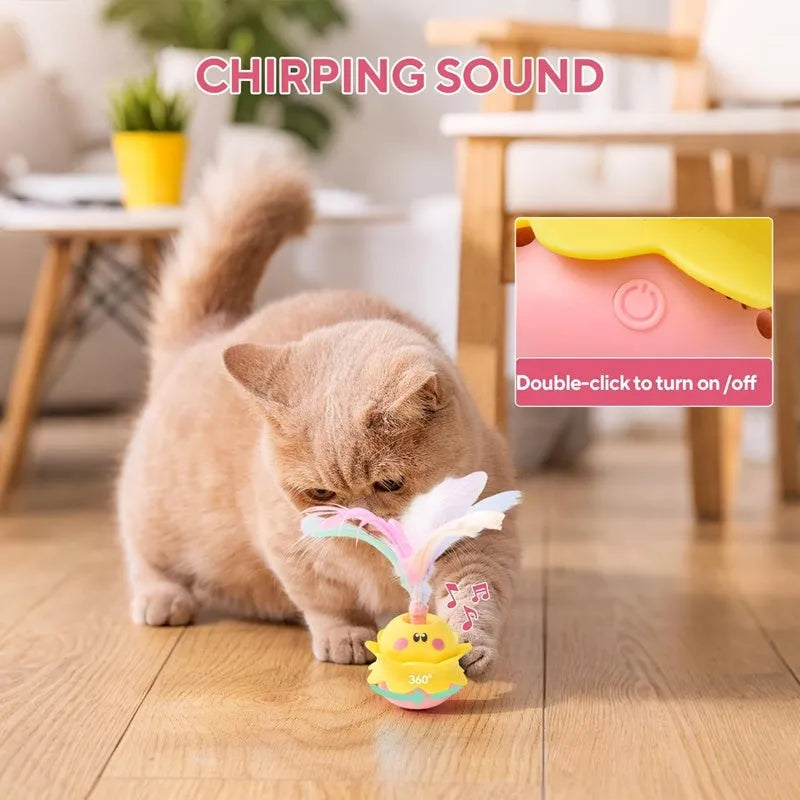 Pink interactive automatic cat feather toy with 360° rotation, LED lights, and detachable feathers for indoor cats.