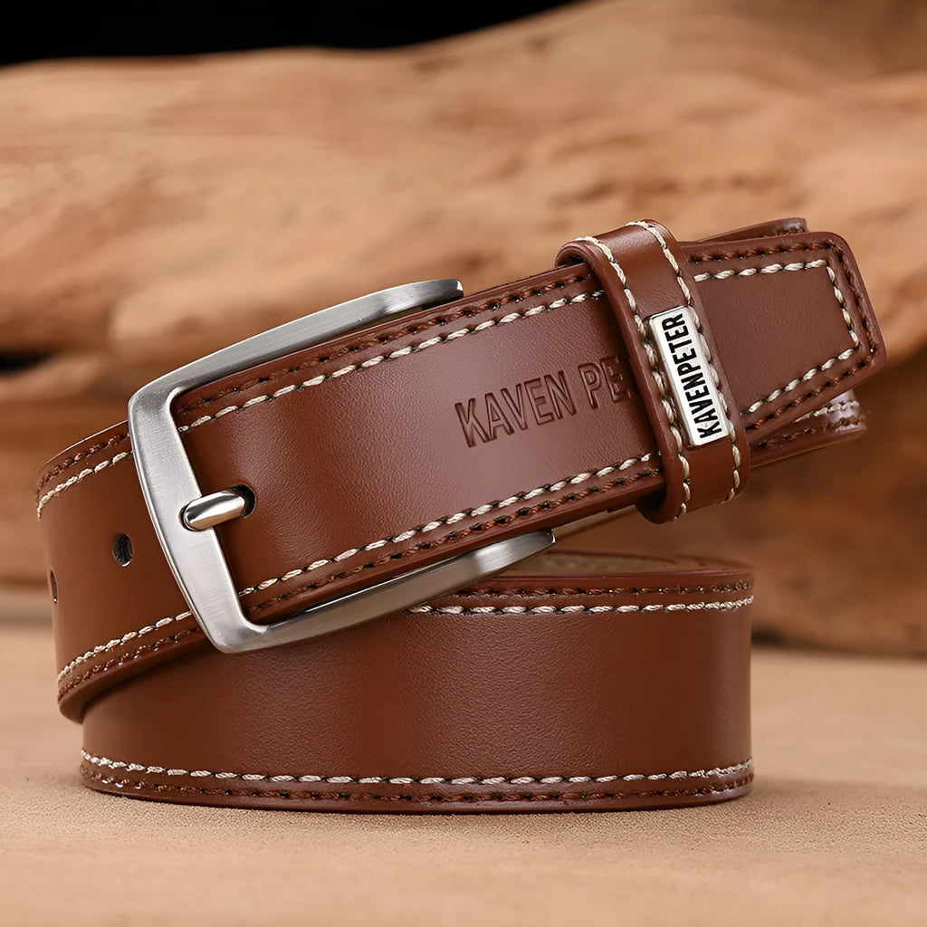 Men's genuine cowhide leather belt with alloy pin buckle in black colour