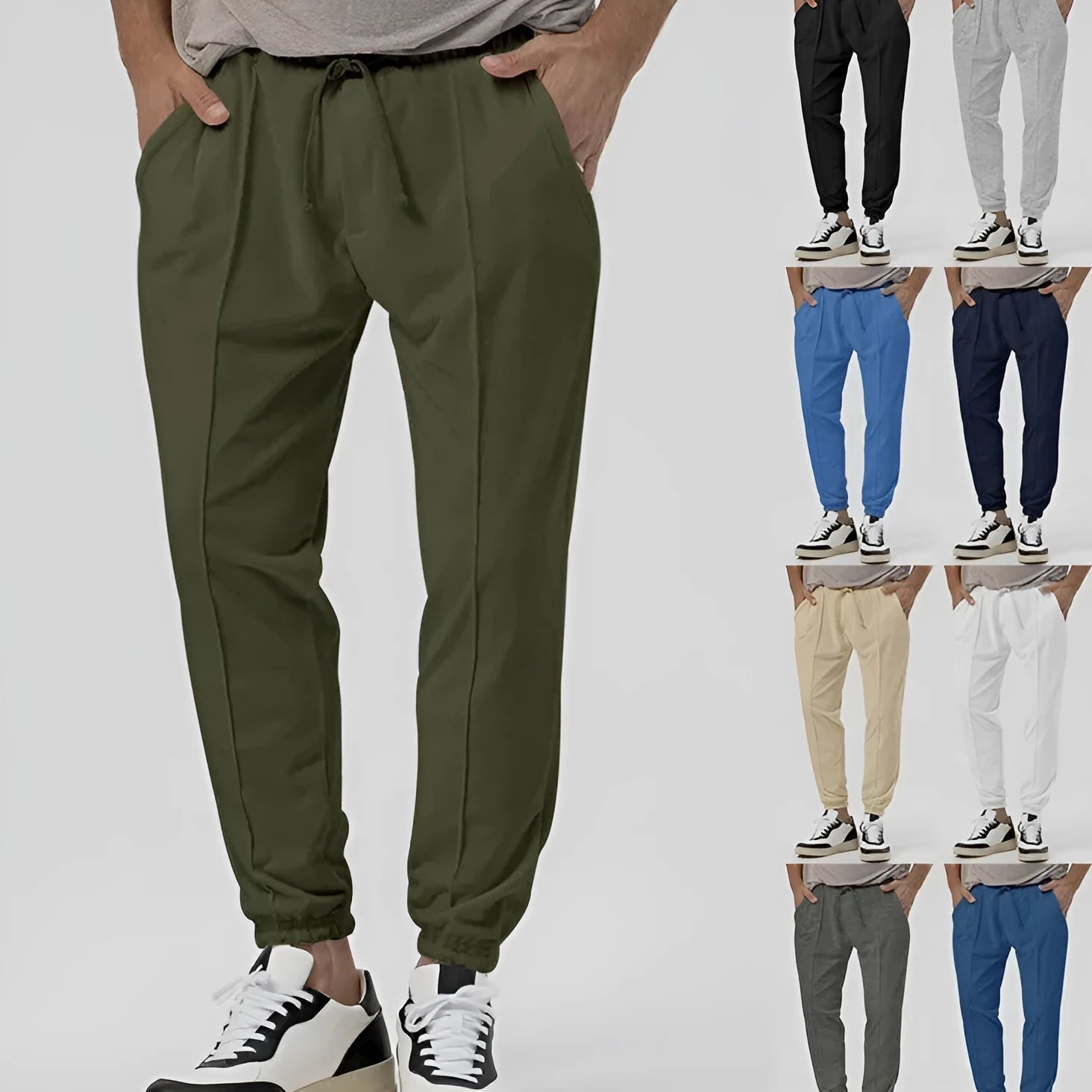 Men's grey straight-leg casual track sweatpants with elasticated waist on a neutral background.