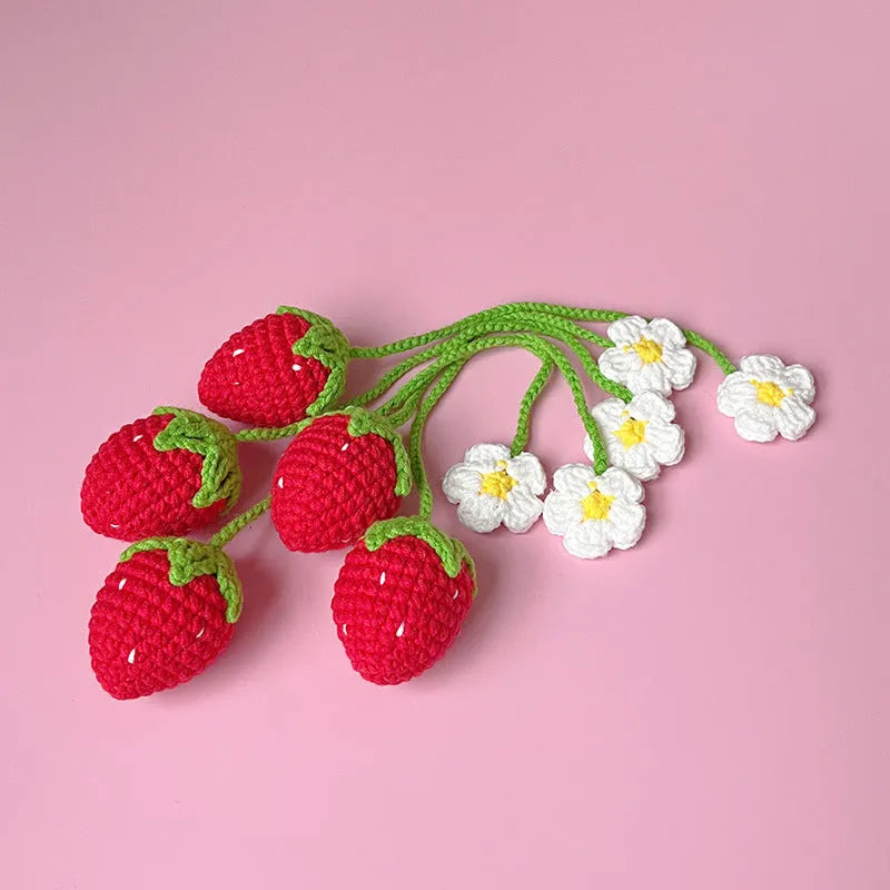 Wool crochet woven strawberry pendant necklace with 35cm length in pink or red
