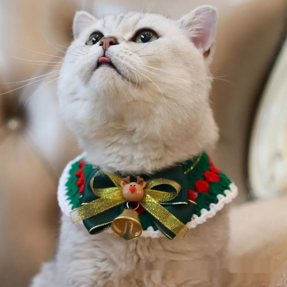 Christmas pet scarf with knitted wool Santa reindeer bell designs in multiple colours and sizes