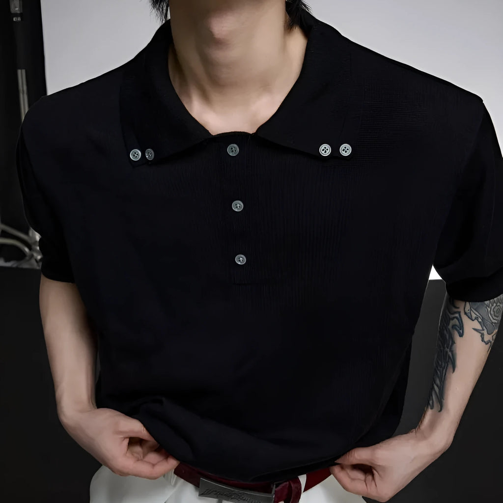 Men's black short-sleeved shirt with a double lapel collar and slim knit design