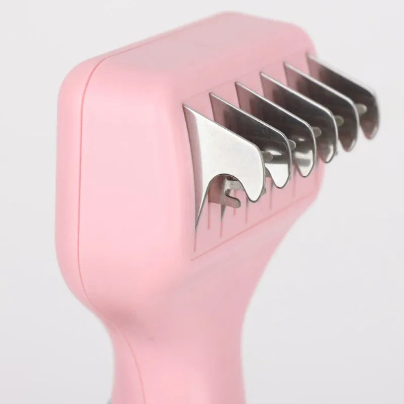 Stainless steel pet grooming comb with rubber massage tips in pink or purple colour