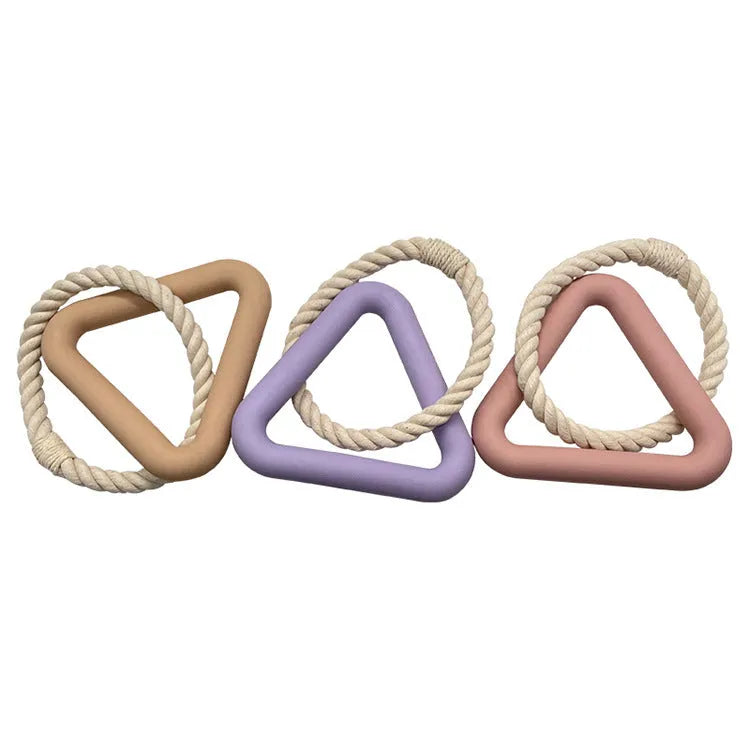 Large triangular pet pull ring toy made from cotton rope in beige, pink, or purple colour.