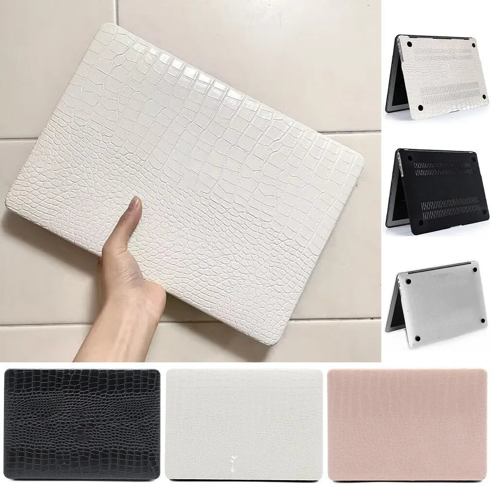 MacBook protective case with crocodile pattern texture and hollowed-out Apple logo in soft pink colour