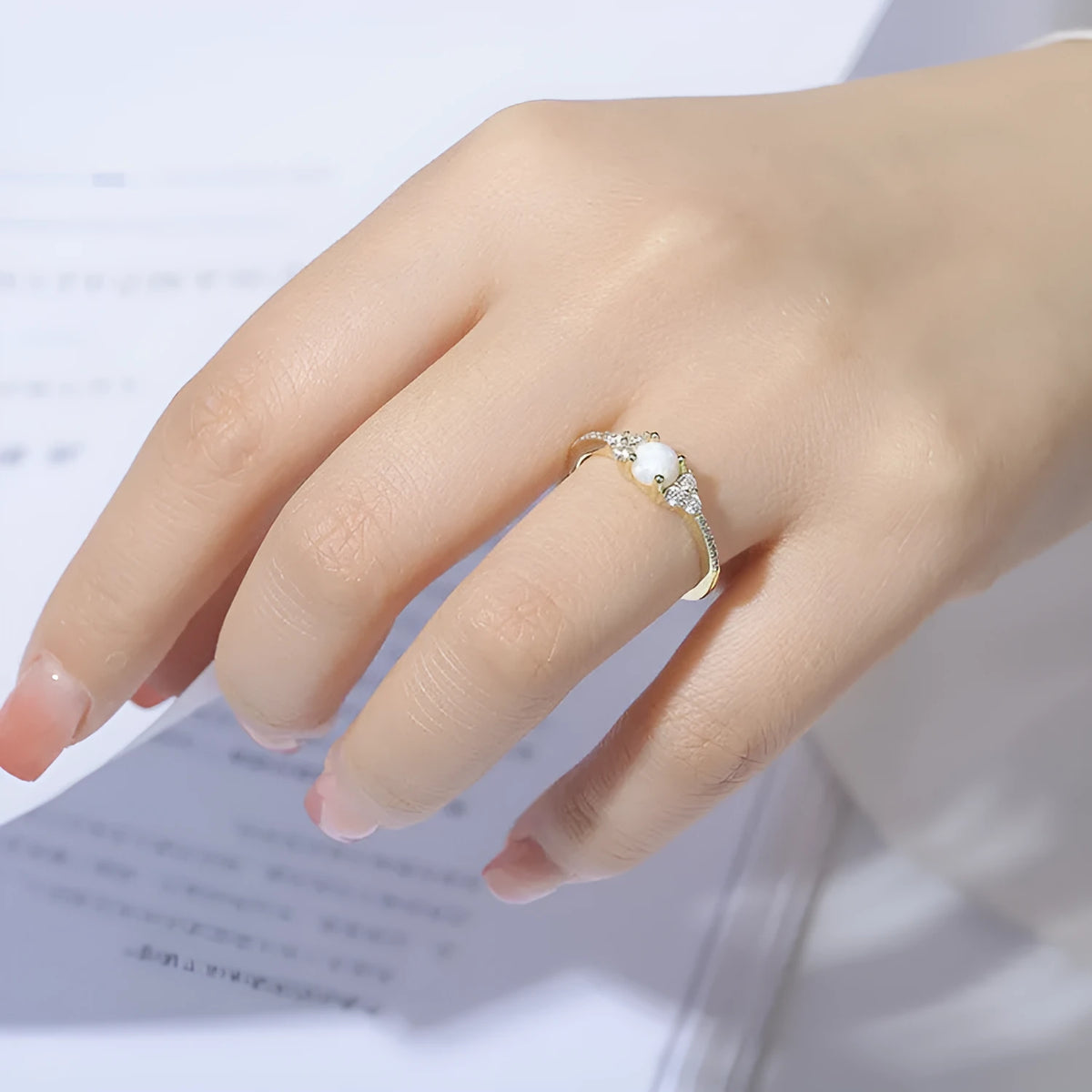 Geometric silver ring with big diamond design, electroplated finish, white or blue opal colour, sizes 5 to 9