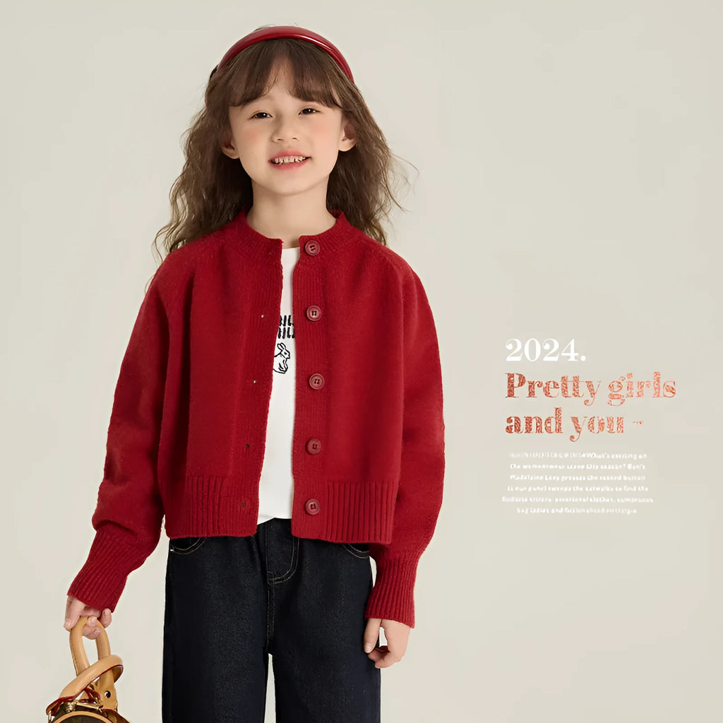 Girl's Korean-style red knitted cardigan with long sleeves, single-breasted front, cashmere blend fabric, suitable for 90-160cm height